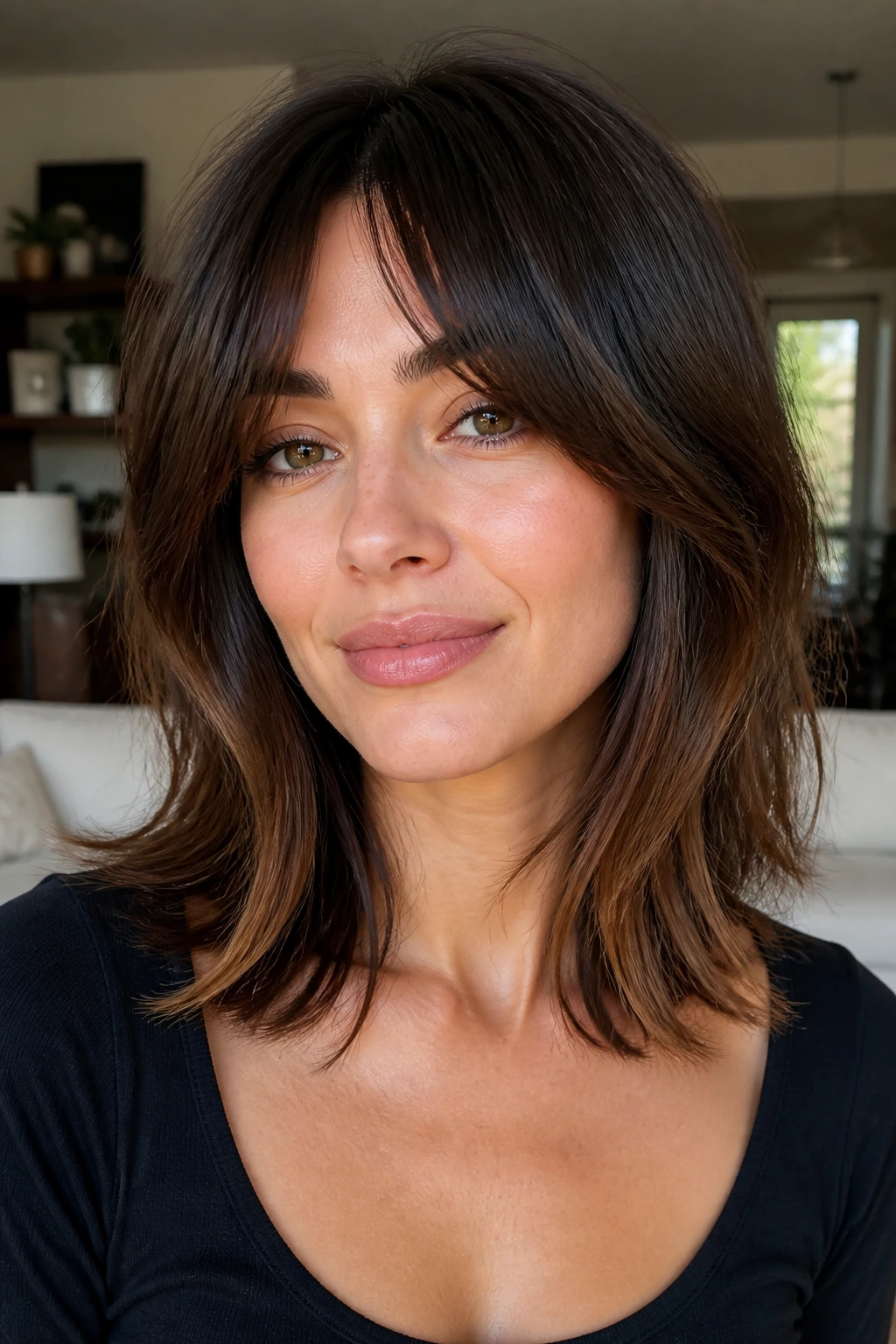 Portrait of a woman with collarbone-length wolf cut and curtain bangs in soft window light
