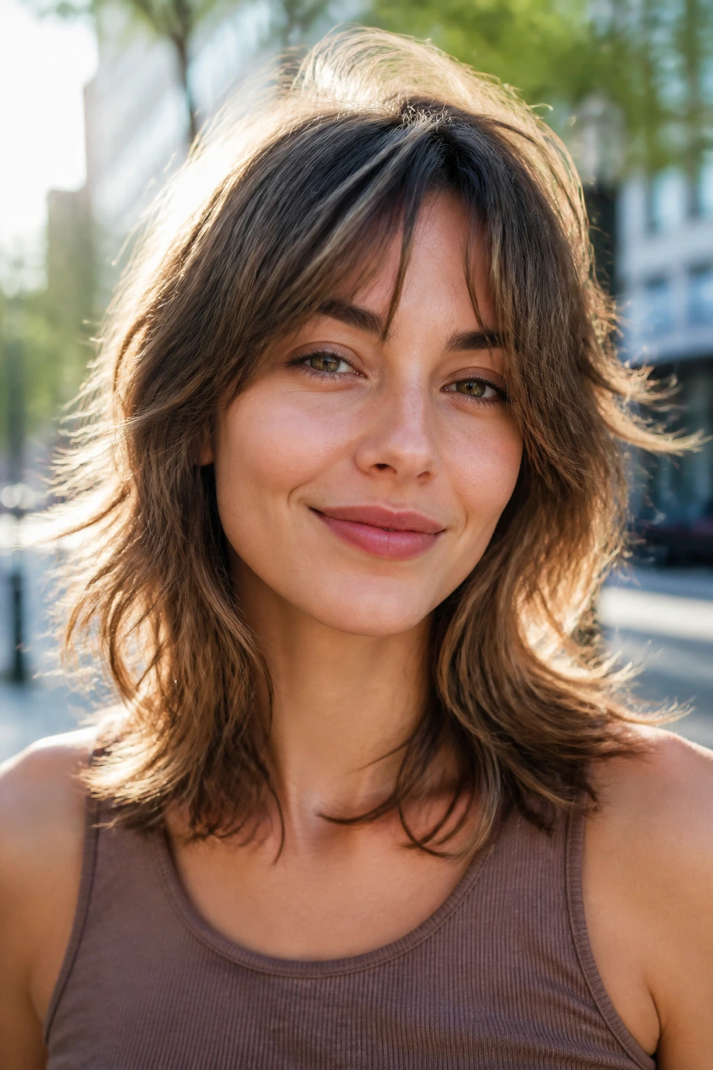 Portrait of a person with collarbone-length wolfy shag hairstyle