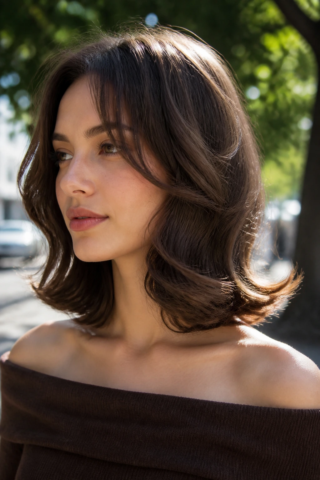 Close-up of a real woman with collarbone-length flipped-out ends in sunlight