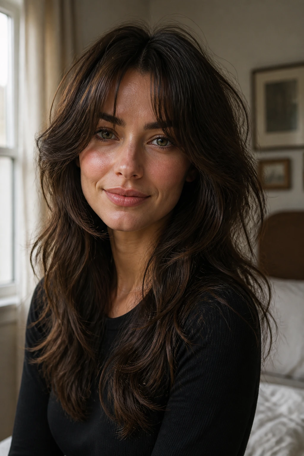 Close-up of a real woman with curtain bangs and face-framing pieces balancing the forehead.