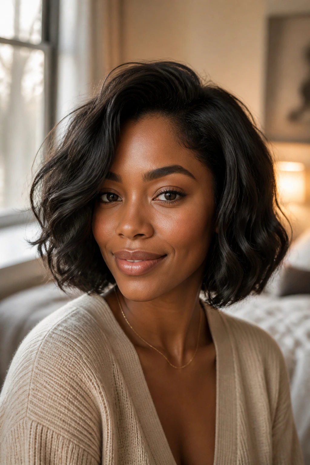 Close-up portrait of a woman with a movable blowout bob in a cozy room.