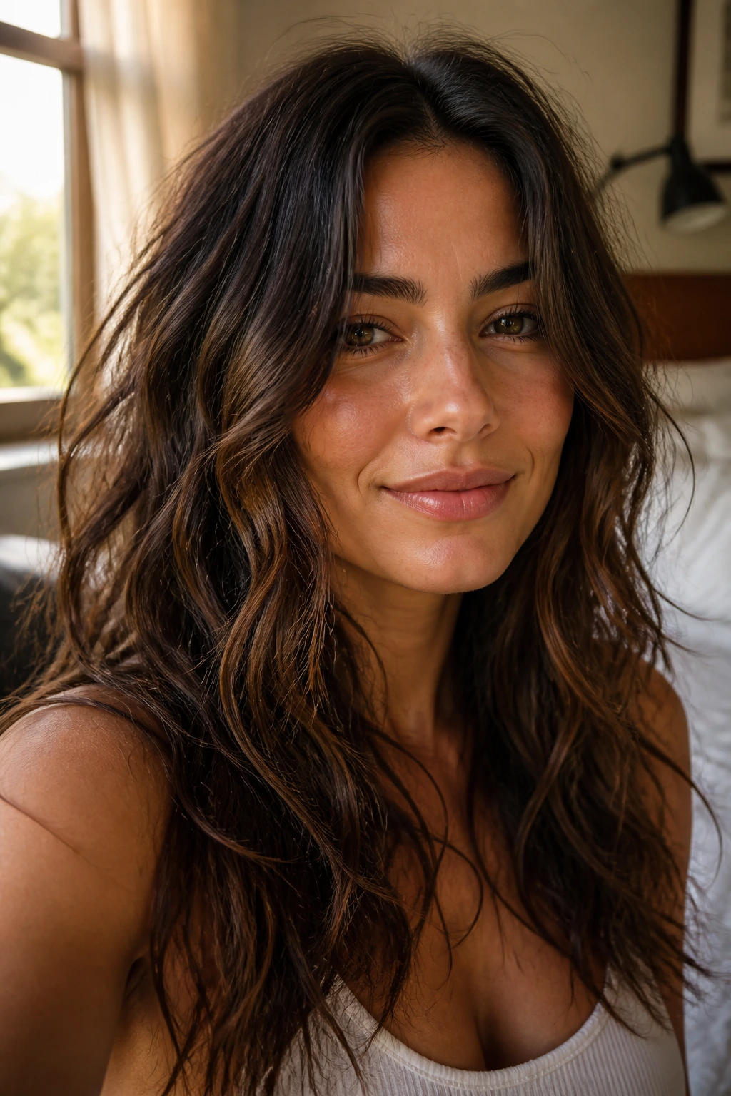 Close-up of brunette with wavy hair in warm bedroom light