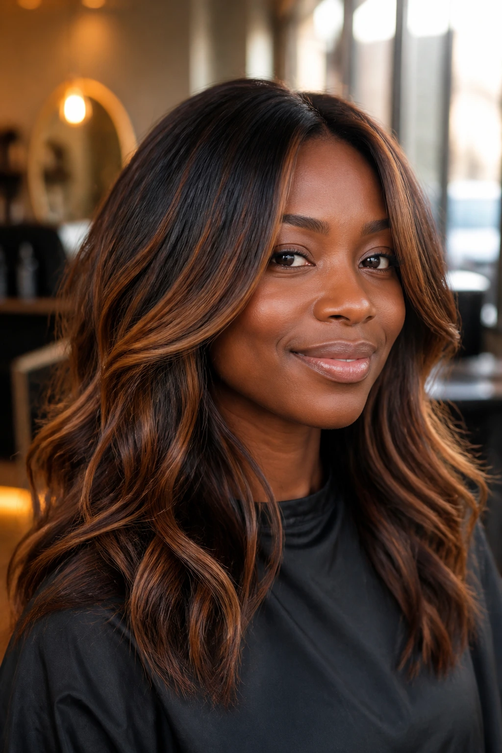 Close-up portrait of a deep-skinned person with soft caramel balayage