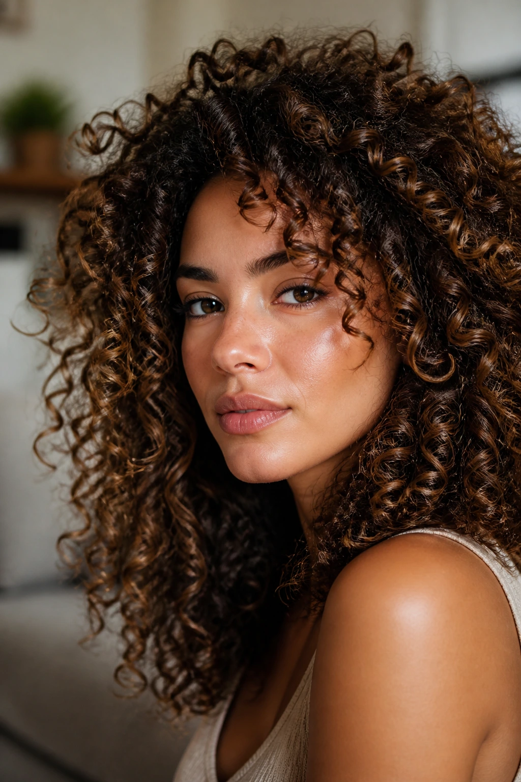 Close-up of a real woman's curly hair with subtle lowlights