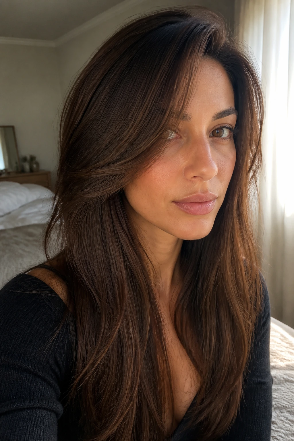 Close-up portrait of a woman with long side-swept face-framing layers and warm natural light
