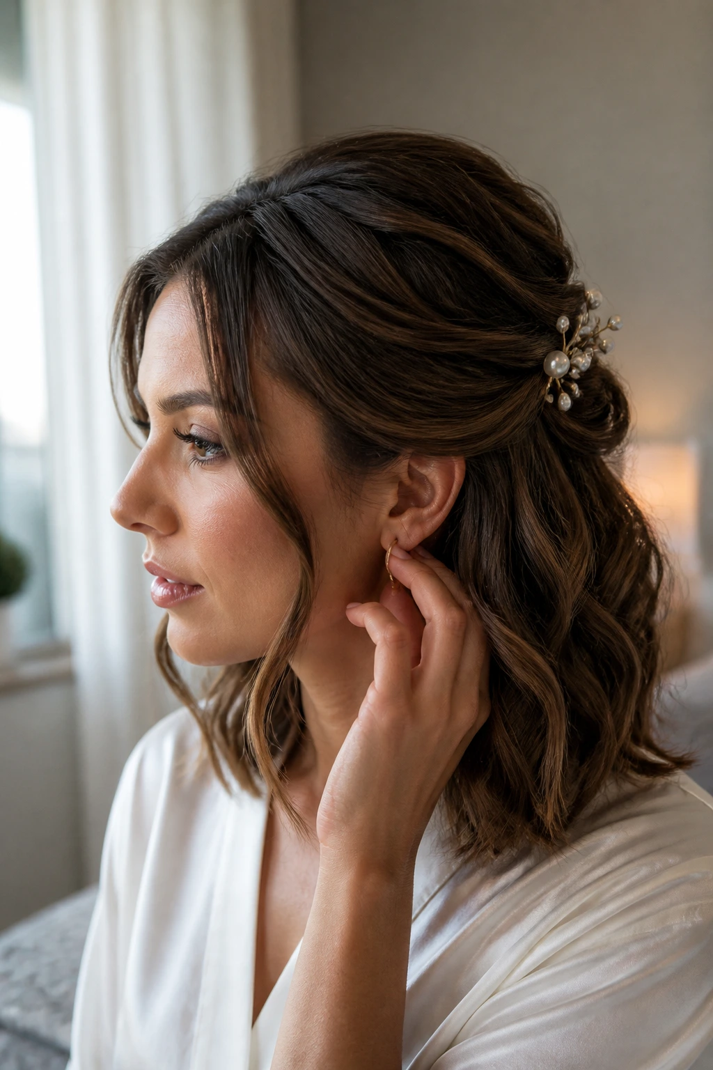 Real woman portrait with medium-length hair in a half-up half-down style, highlighting movement and texture.