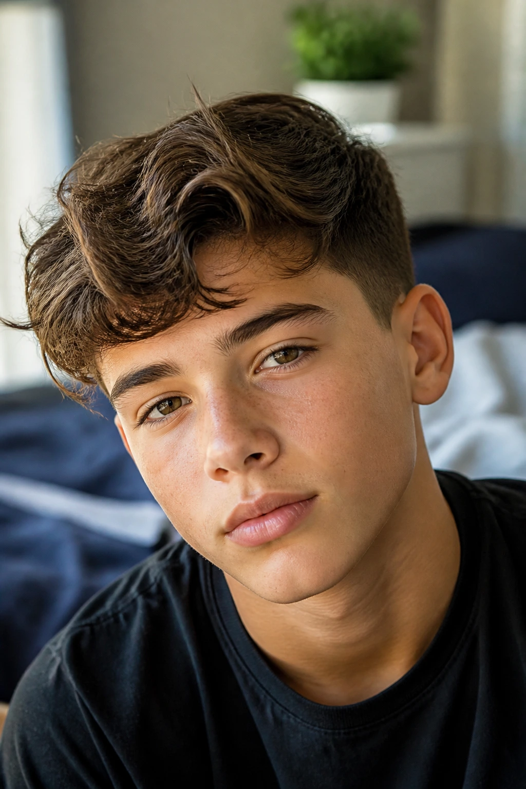 Close-up portrait of a boy with wavy hair and a subtle side-swept look