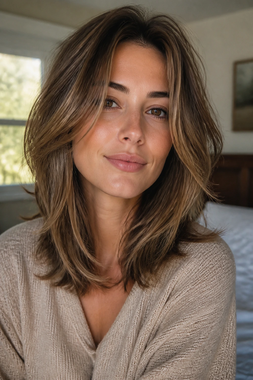 Close-up portrait showing shoulder-length long layers framing the face in natural light