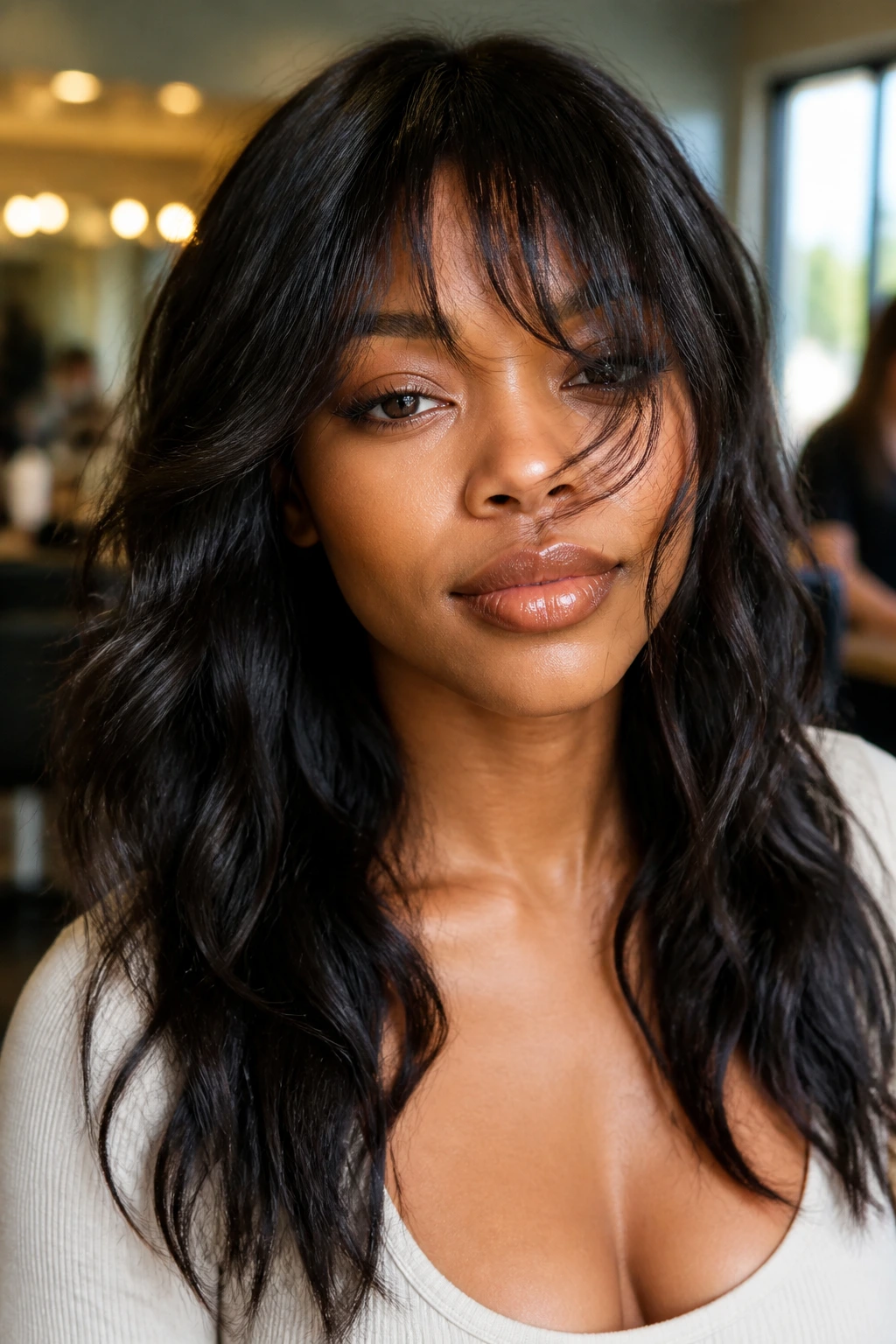 Close-up portrait of a Black woman with wavy hair and layered bangs showing movement