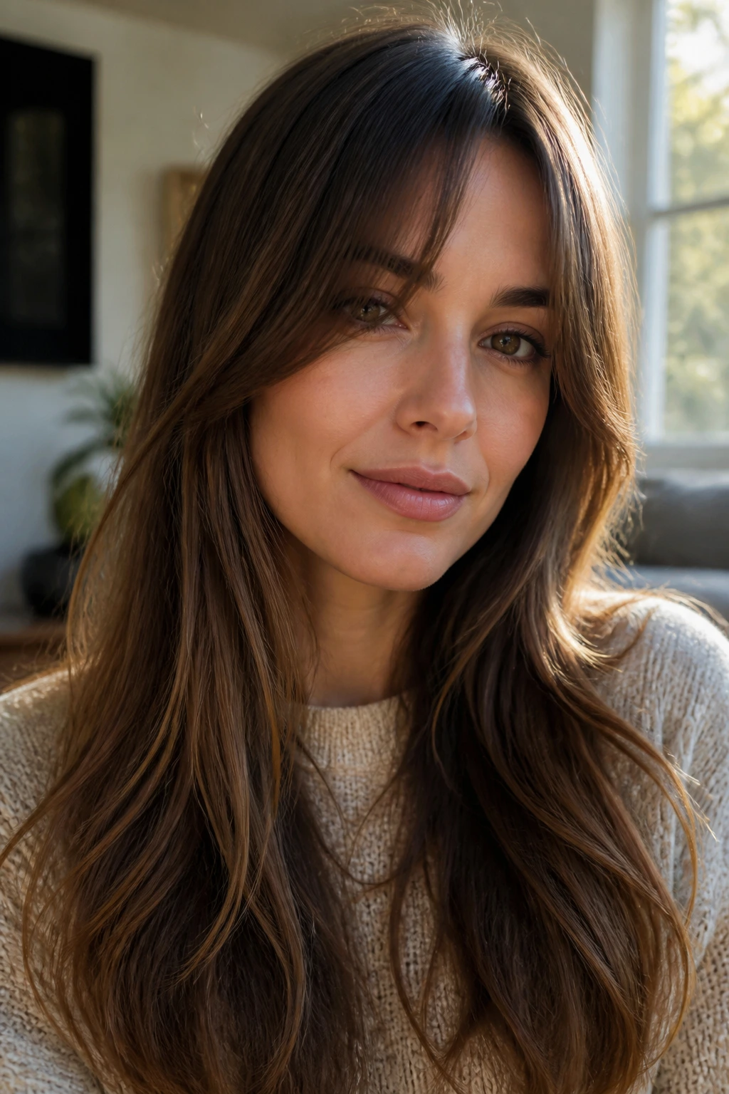 Close-up portrait of a woman with long bangs framing an oval face in warm natural light