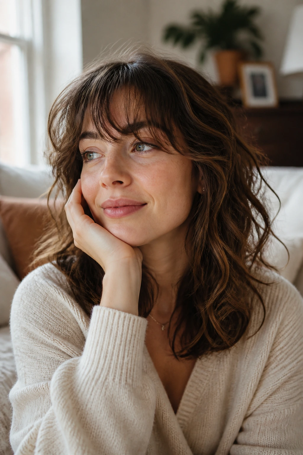 Close-up portrait of a real person in a warm living room, conveying the value of a bangs collection