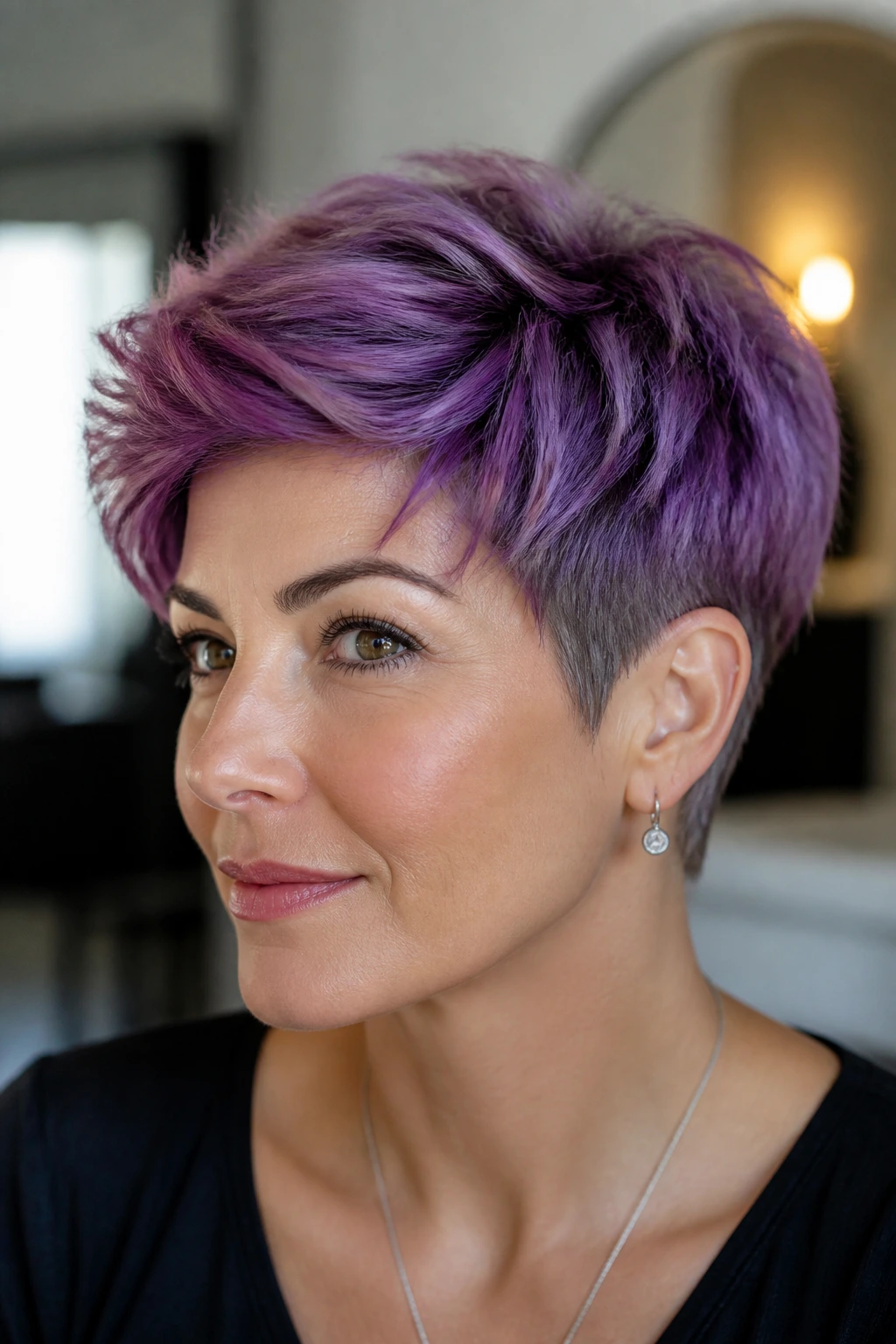 Portrait of person with vivid color on thick short hair