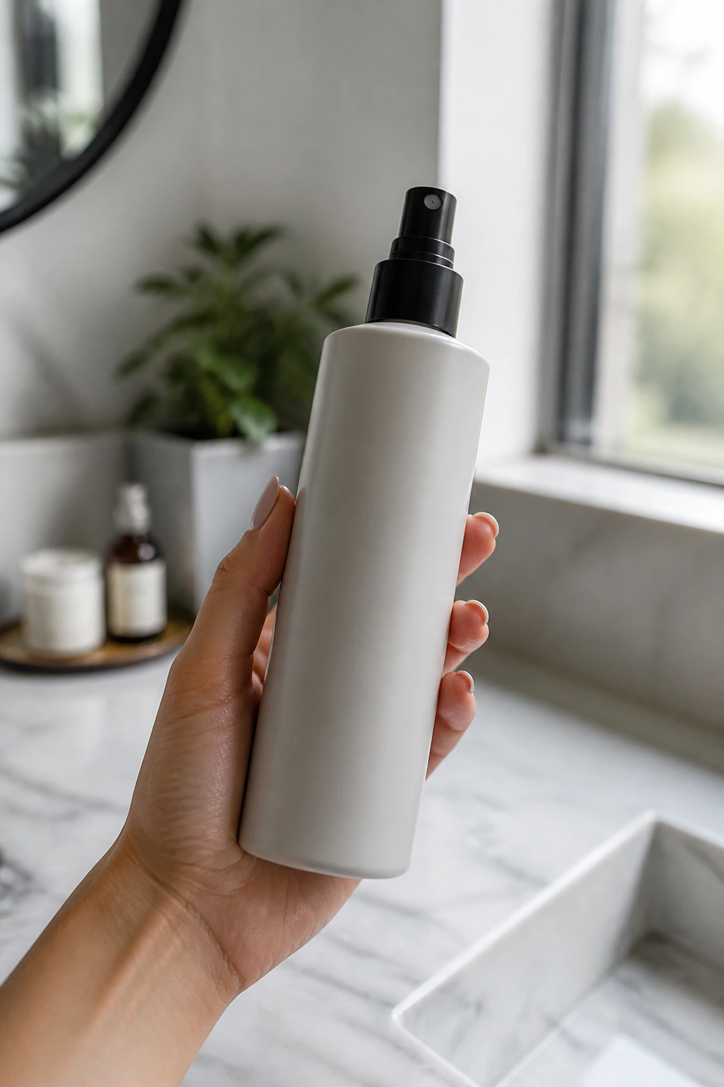 Close-up of an unlabeled heat-protectant bottle for color appointment prep