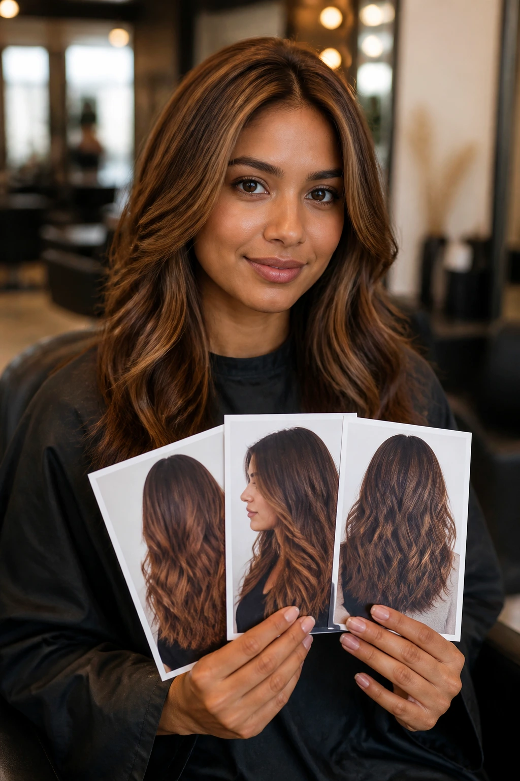 Person in salon chair holding color placement photos