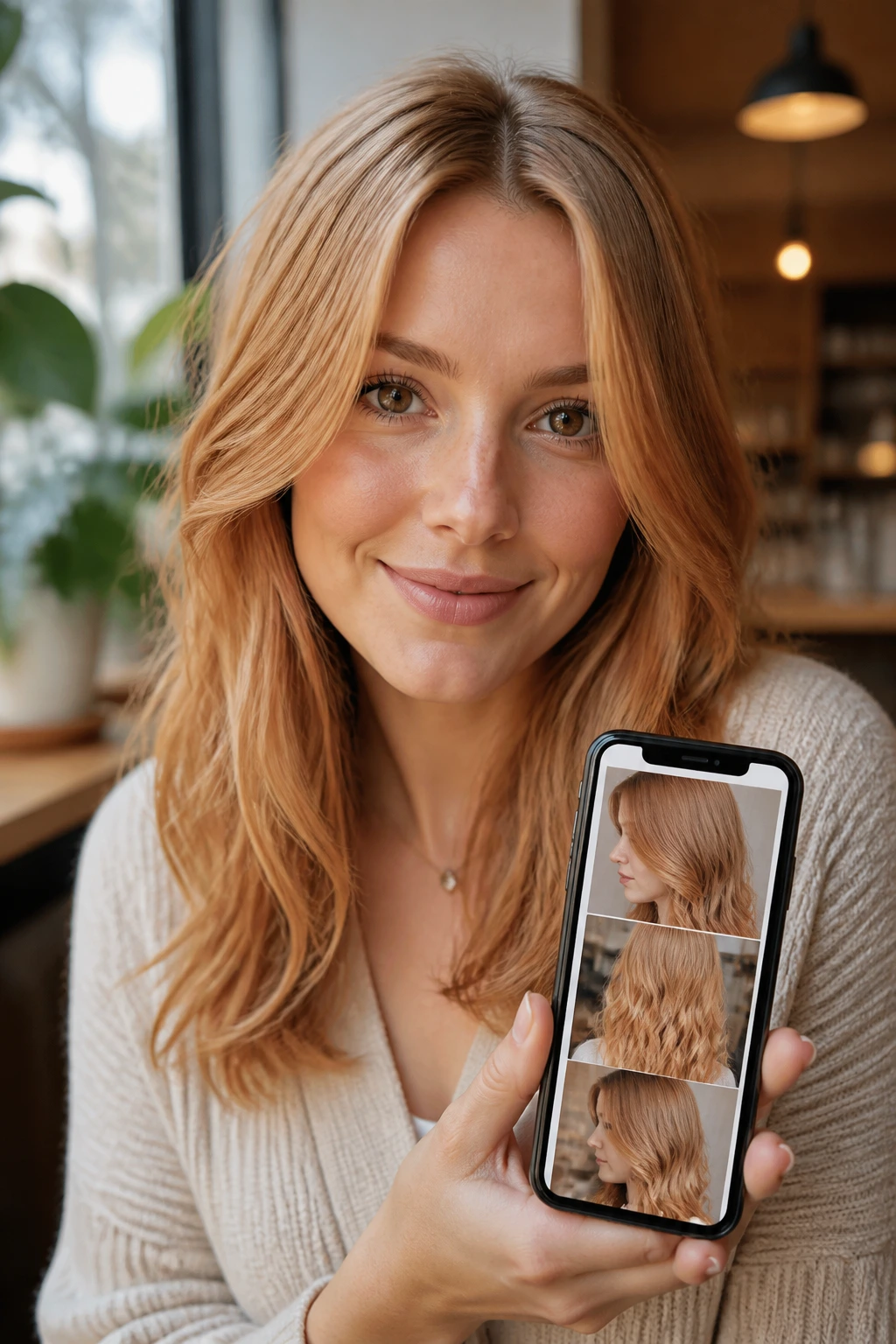 Person holding a smartphone showing hair reference photos for color appointment
