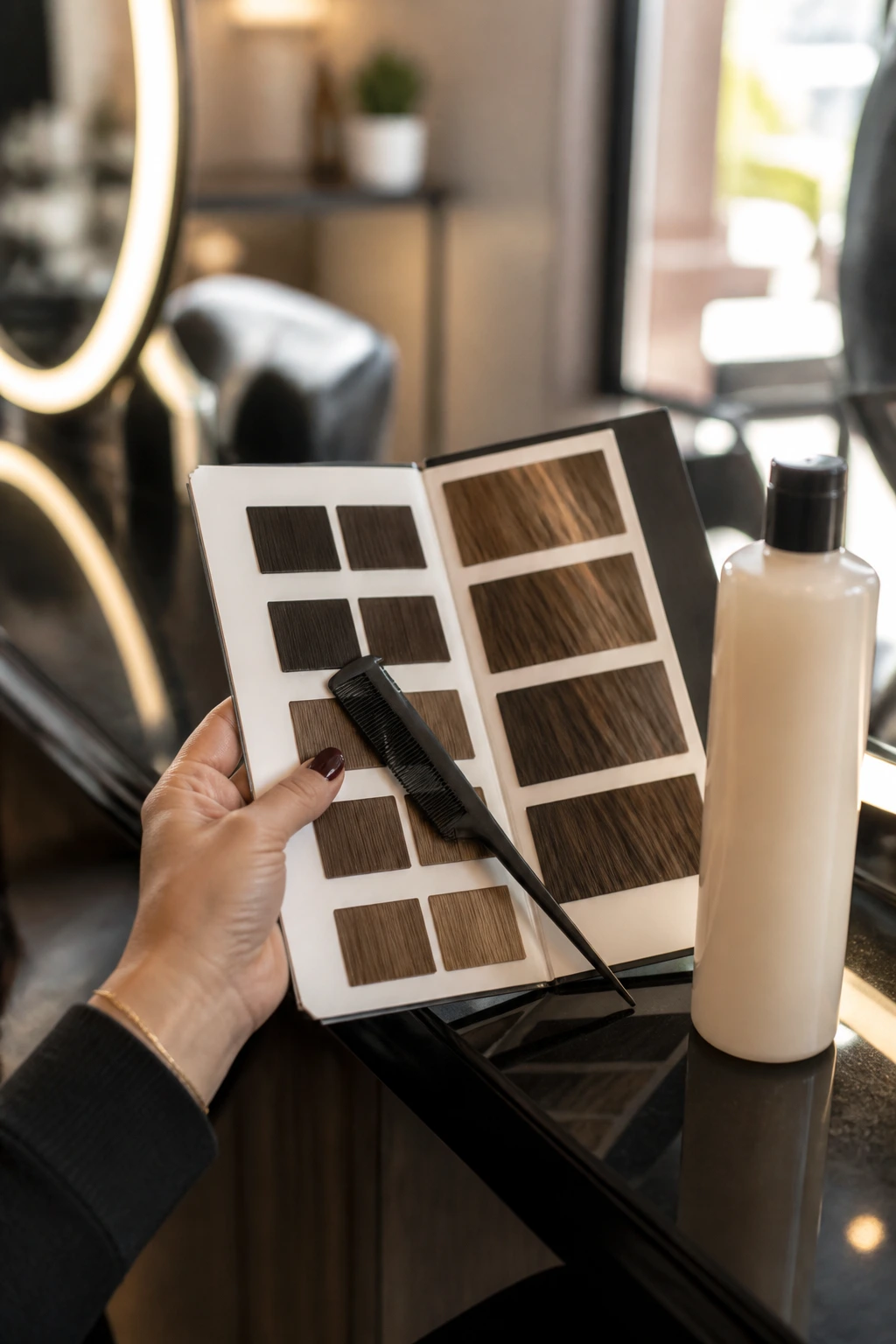 Close-up of a hand holding a color swatch book with cool-brown bronze tones on a salon counter.