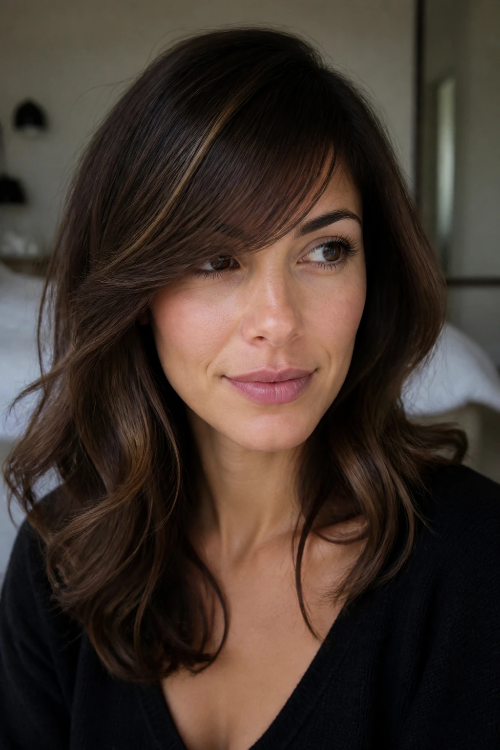Close-up of brunette with side-swept bangs showing color ideas in natural window light