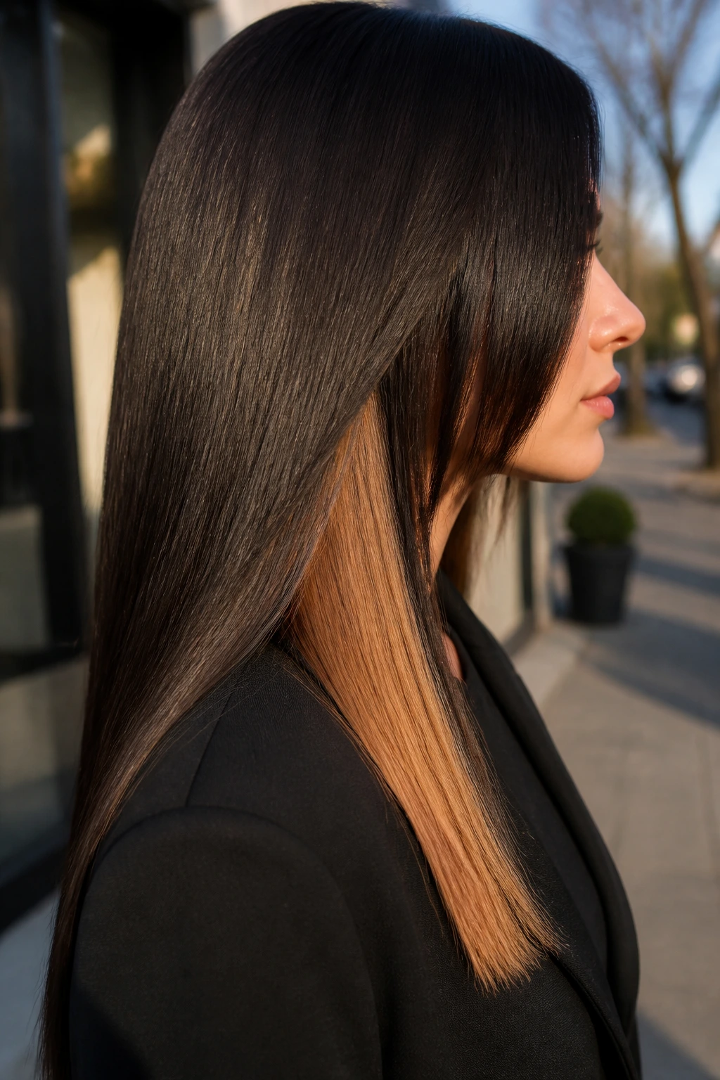 Side-profile of a woman with straight cut and a caramel color block under the length