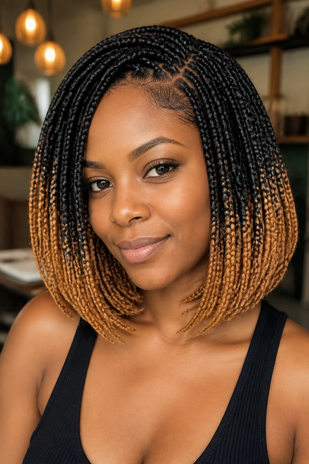 Real woman with color-block crochet bob showing darker roots and lighter ends