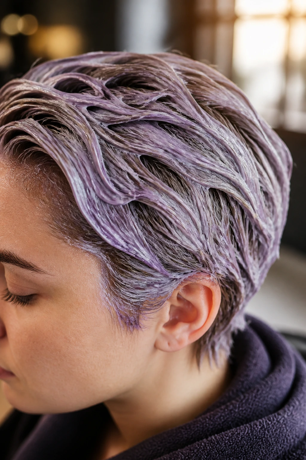 Close-up of towel-dried thick short hair with a color-depositing mask in a salon