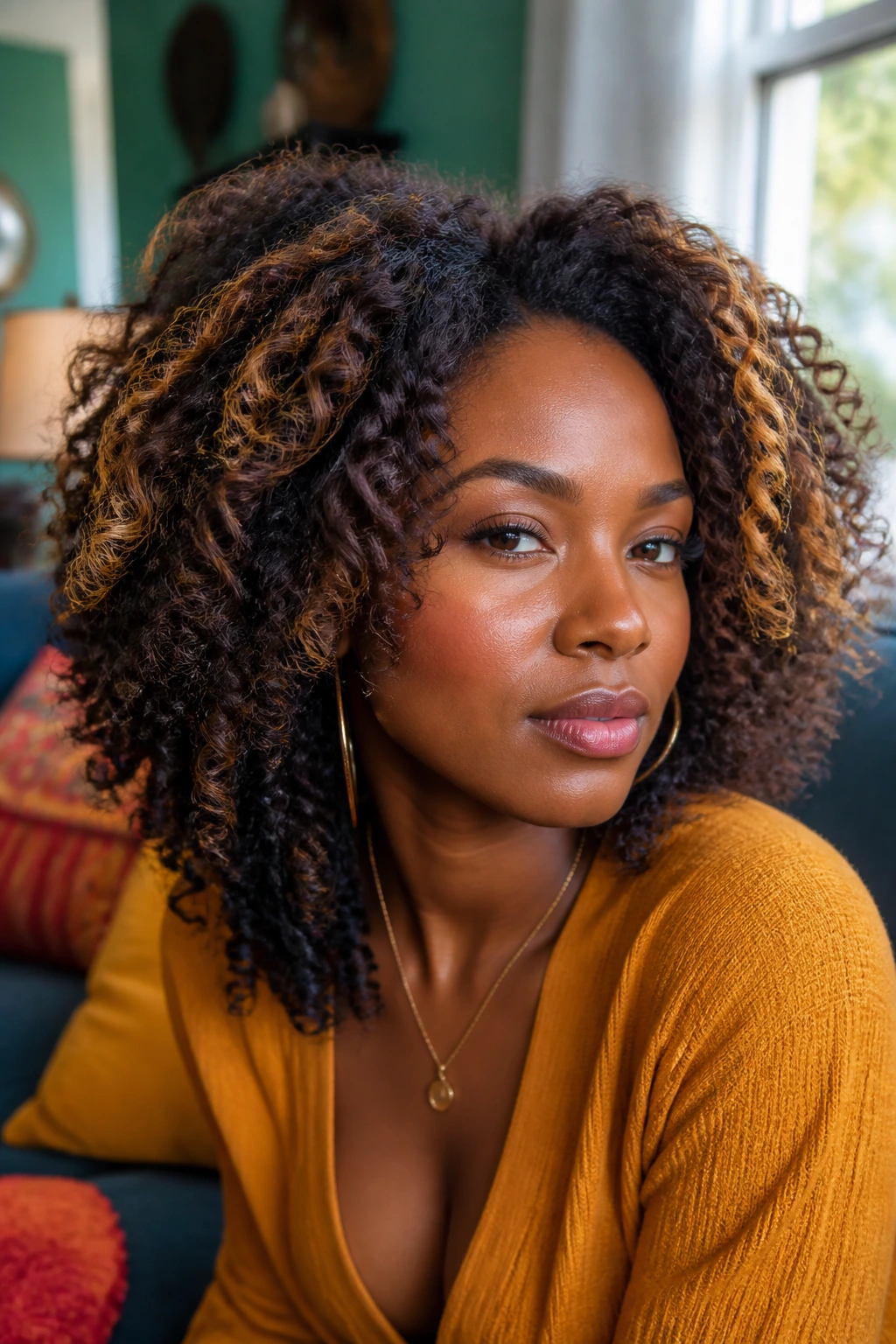 Portrait of a real woman with bold highlighted curls around the crown and front, warm lighting