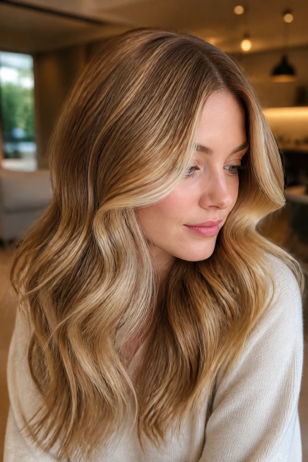 Close up of a real person with glossy honey balayage and bright shine