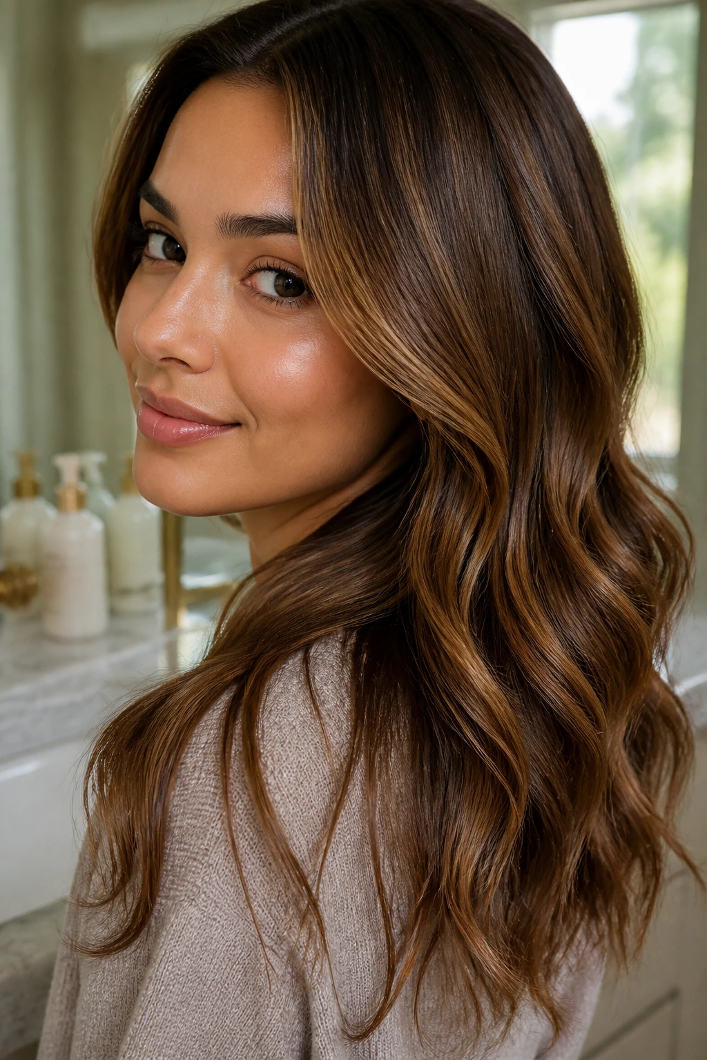 Portrait of a real woman with glossy warm-brown hair in a bathroom setting.