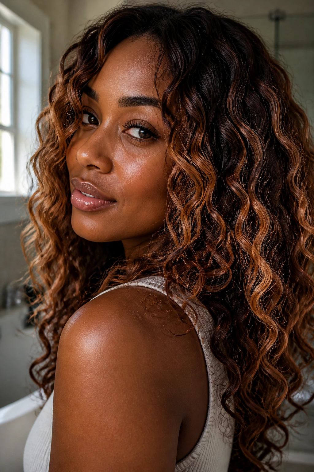Close-up of a deep-skinned woman with copper-bronze glossy curls in a bathroom