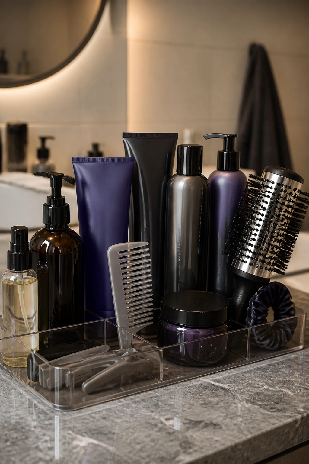 Close-up of a color-care kit on a bathroom counter