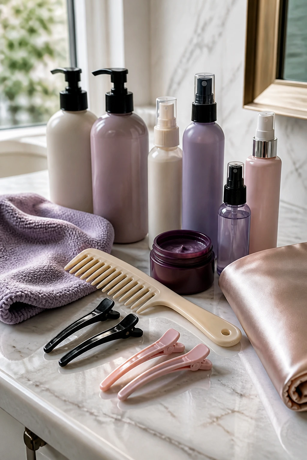 Close-up of a color-care toolkit on a bathroom counter with unlabeled bottles and tools