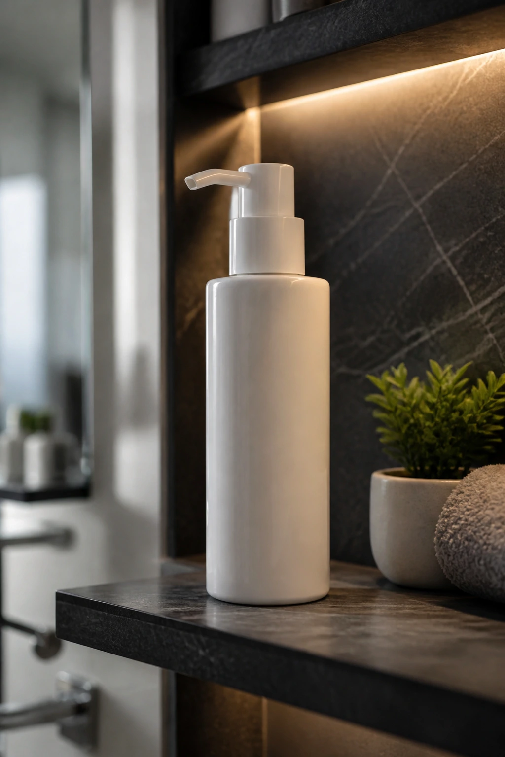 Close-up of a label-free leave-in conditioner bottle on a clean bathroom shelf