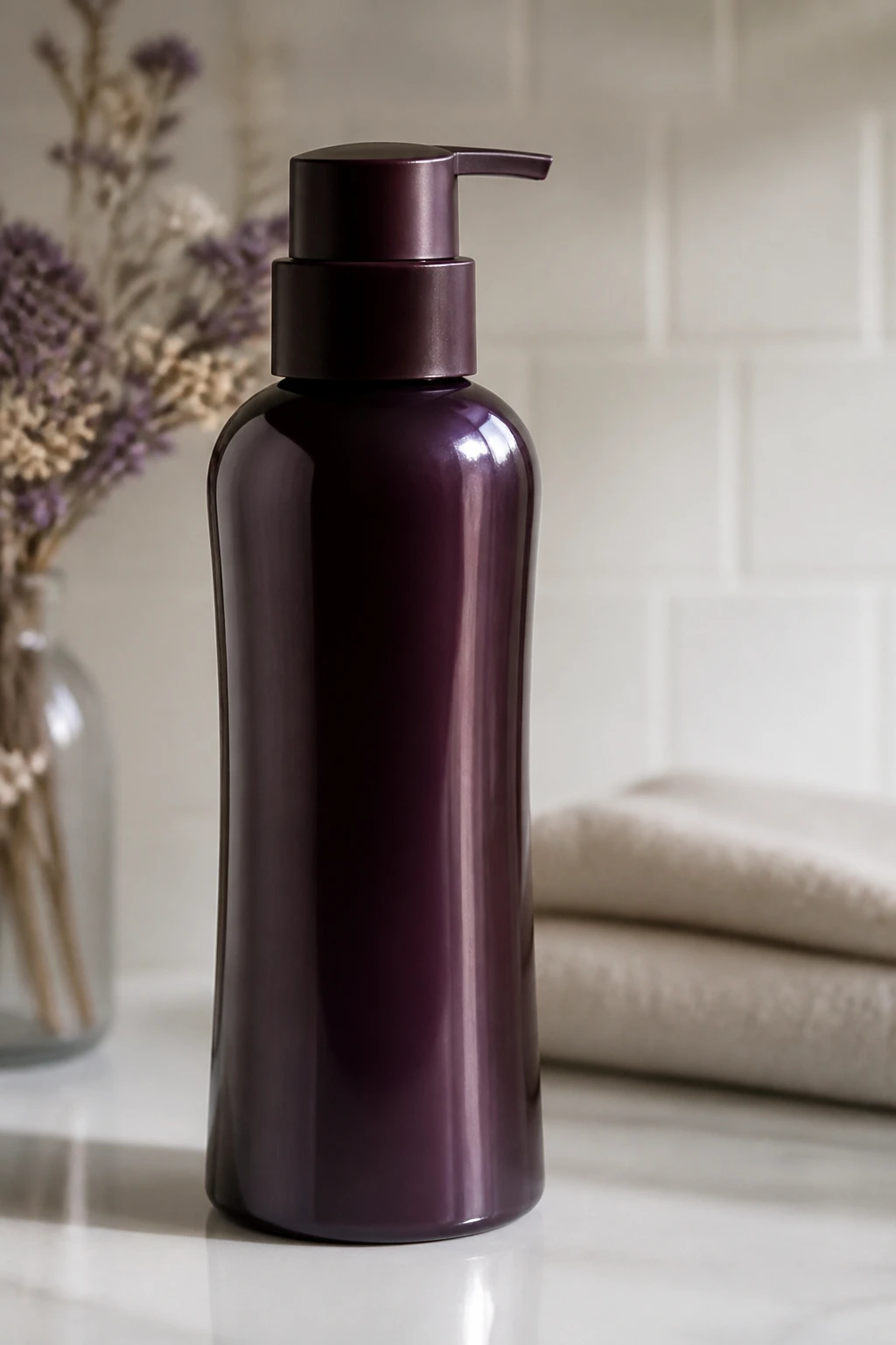 Close-up of a color-safe shampoo bottle on a bathroom counter with soft light
