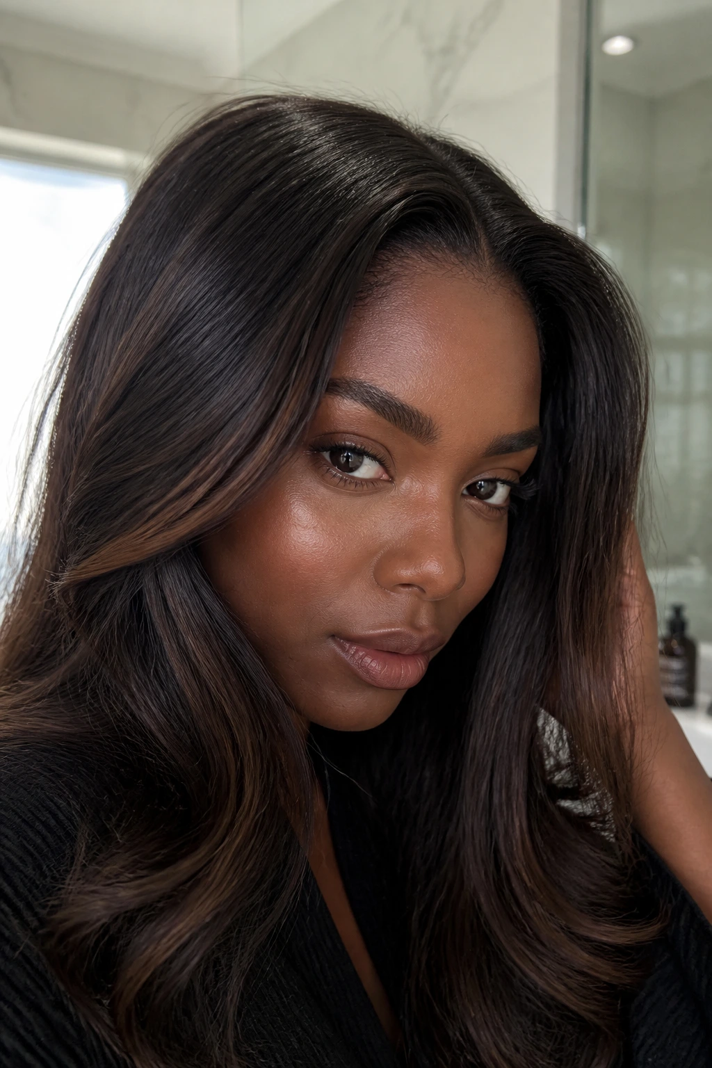 Close-up of a real person's brunette hair showing healthy shine and subtle regrowth