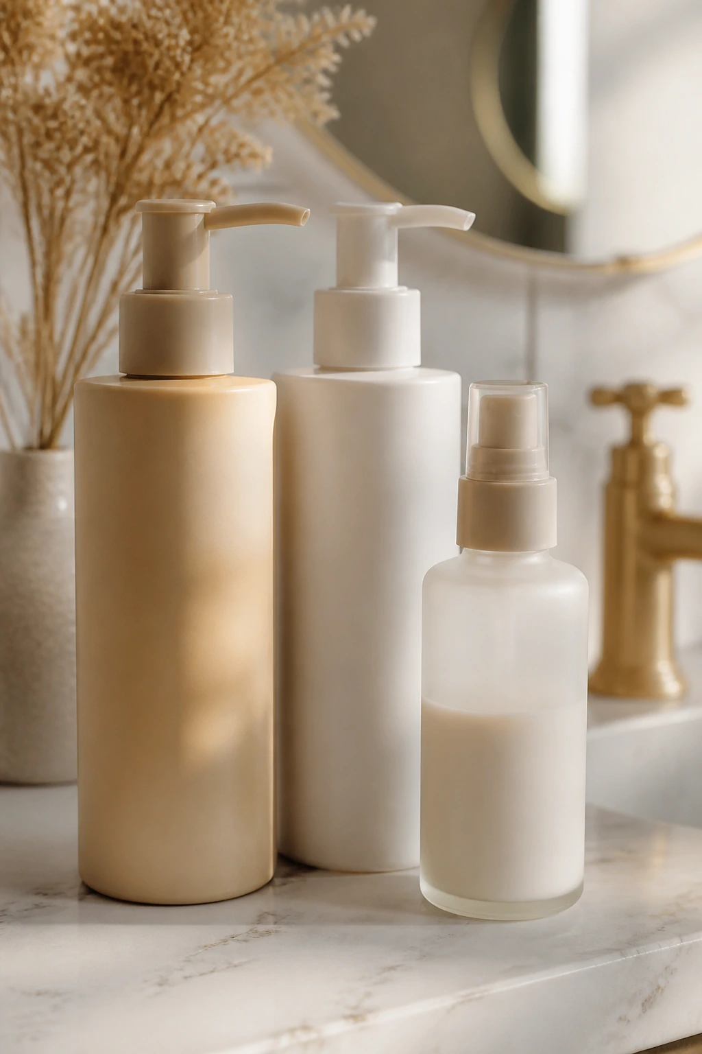 Close-up of blank cosmetic bottles on a bathroom counter.