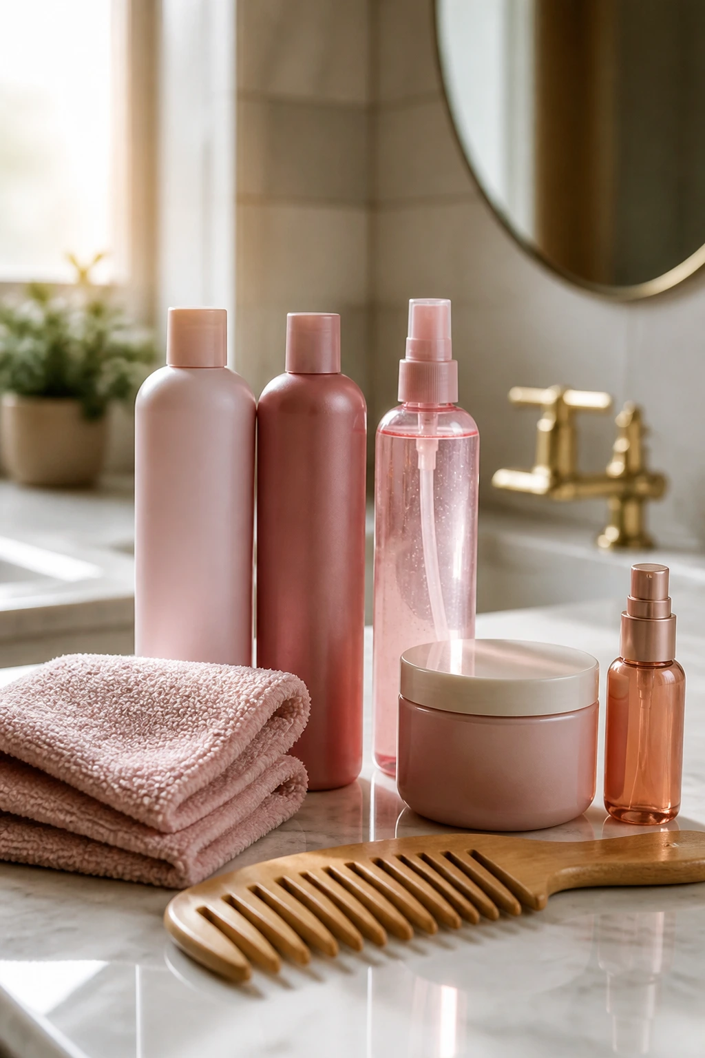 Close-up of unlabeled hair care bottles and tools on a bathroom vanity emphasizing color-safe products