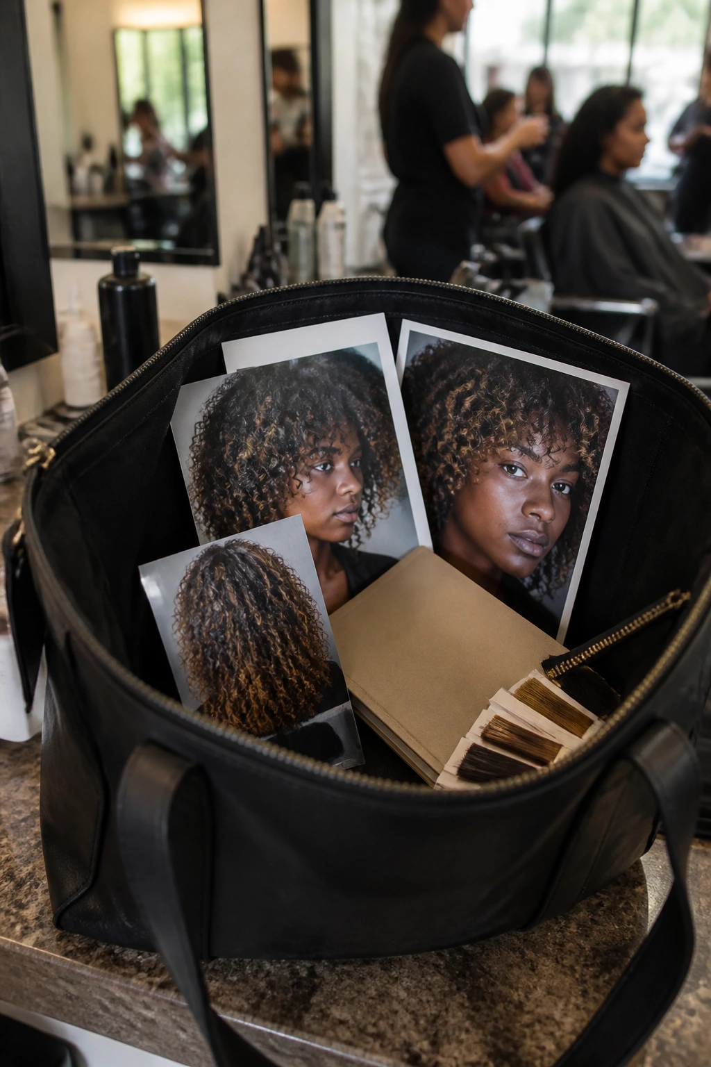 Open salon tote with reference photos and hair tools inside.
