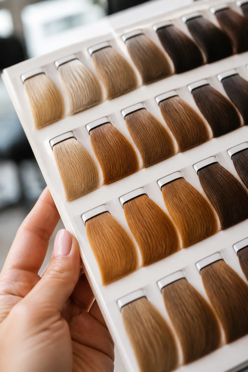Close-up of beige caramel color swatches in a color chart held in daylight
