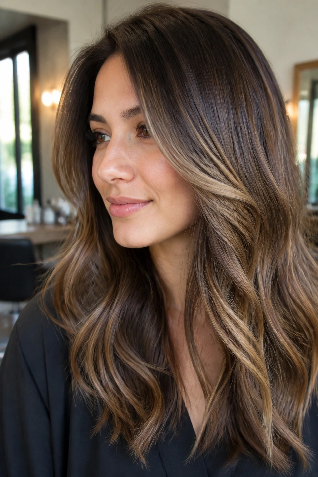 Brunette with warm blonde lowlights under soft light