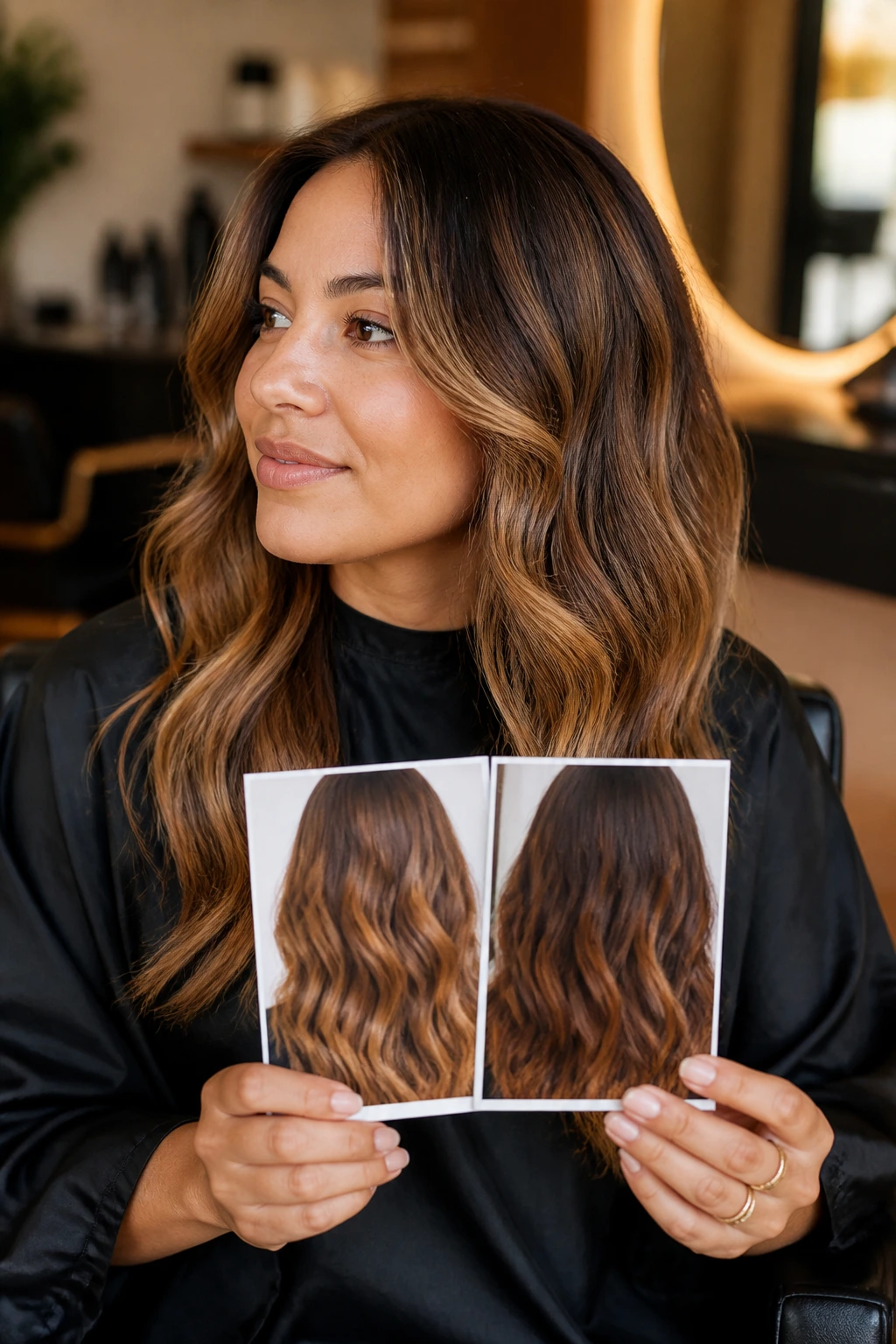 Person in a salon holding photos showing warmth preferences for hair color