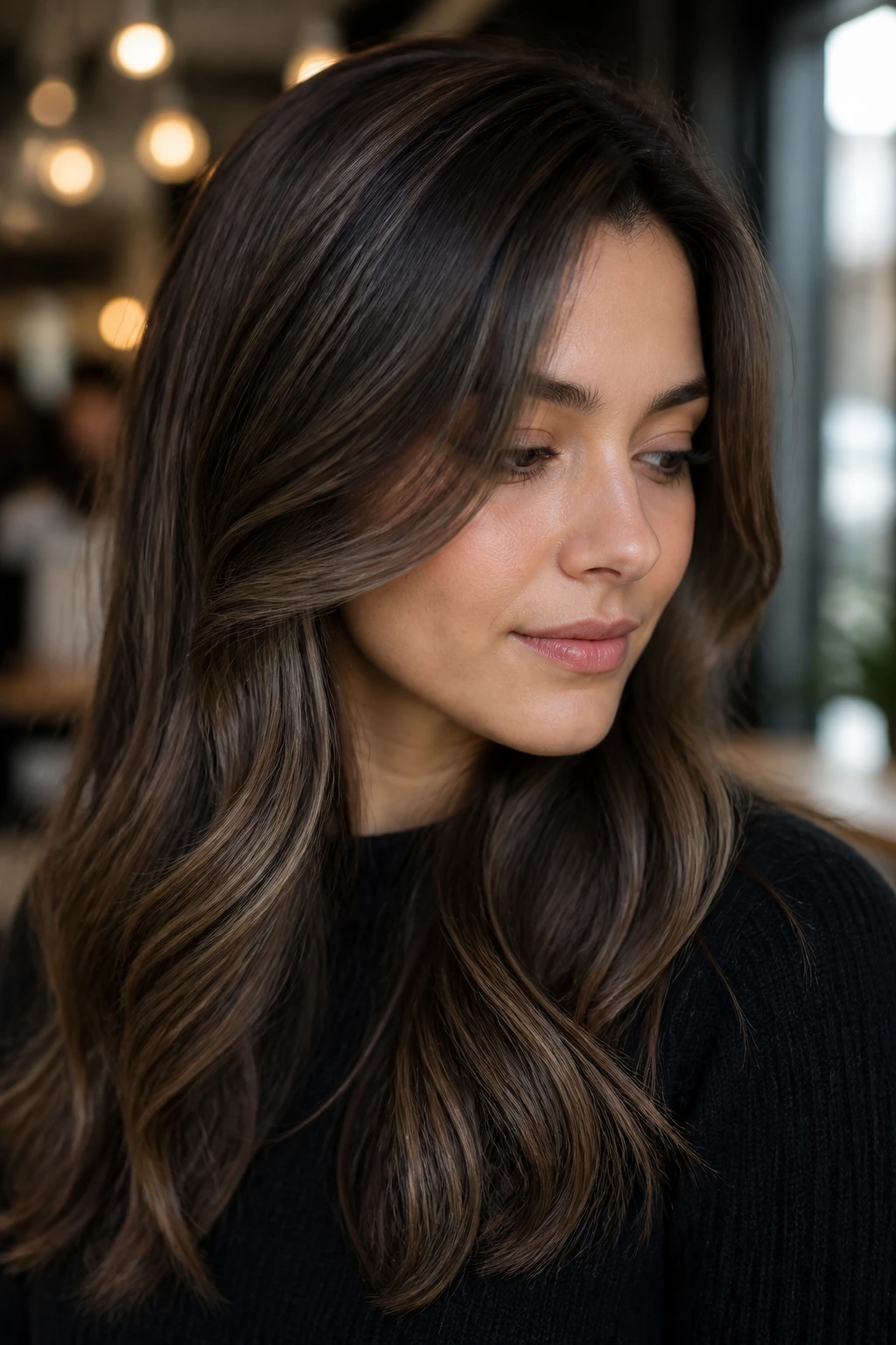 Portrait of a real person with cool-tone brunette highlights showing shade and placement
