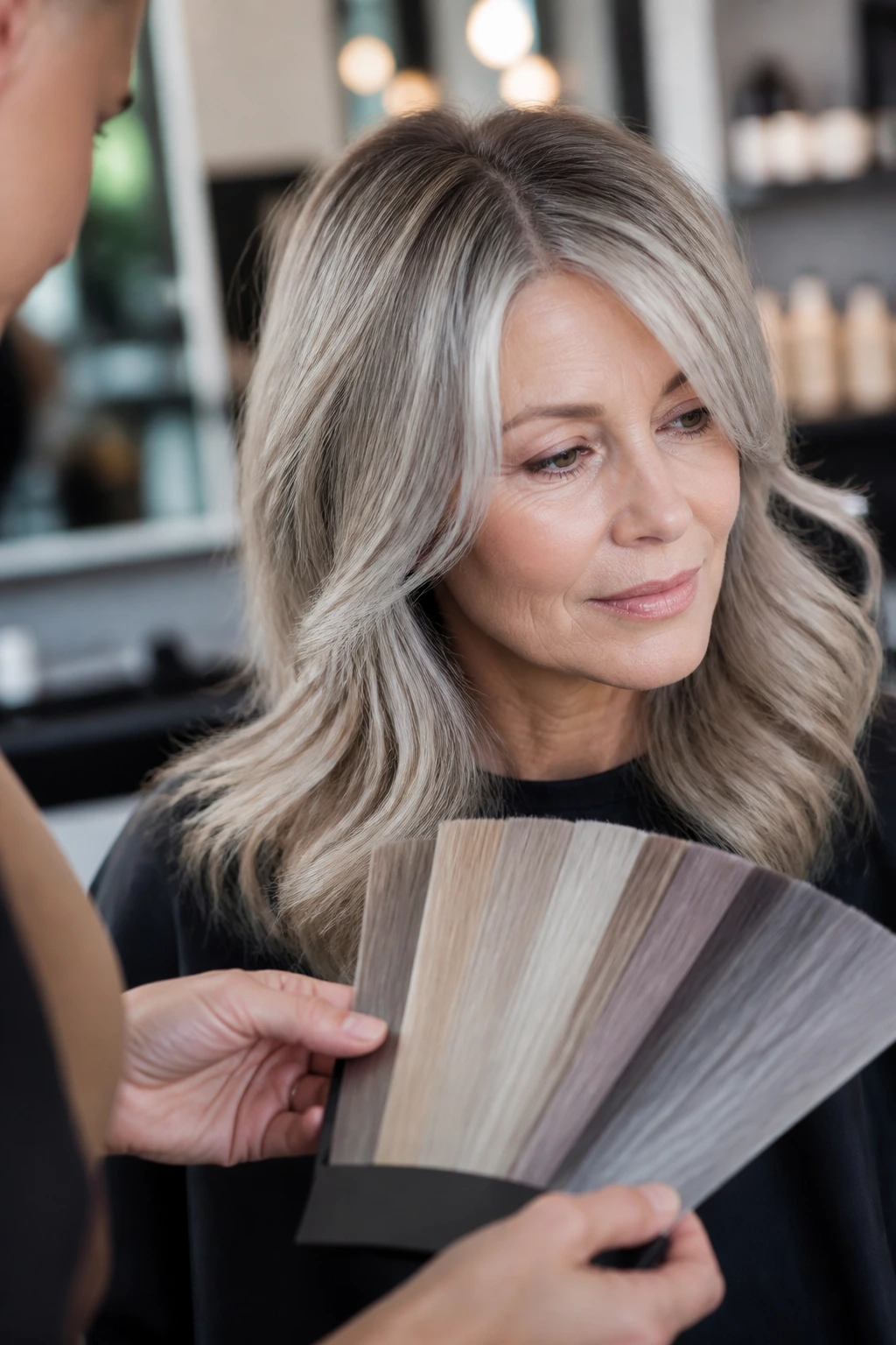 Client in salon looking at color swatches with stylist