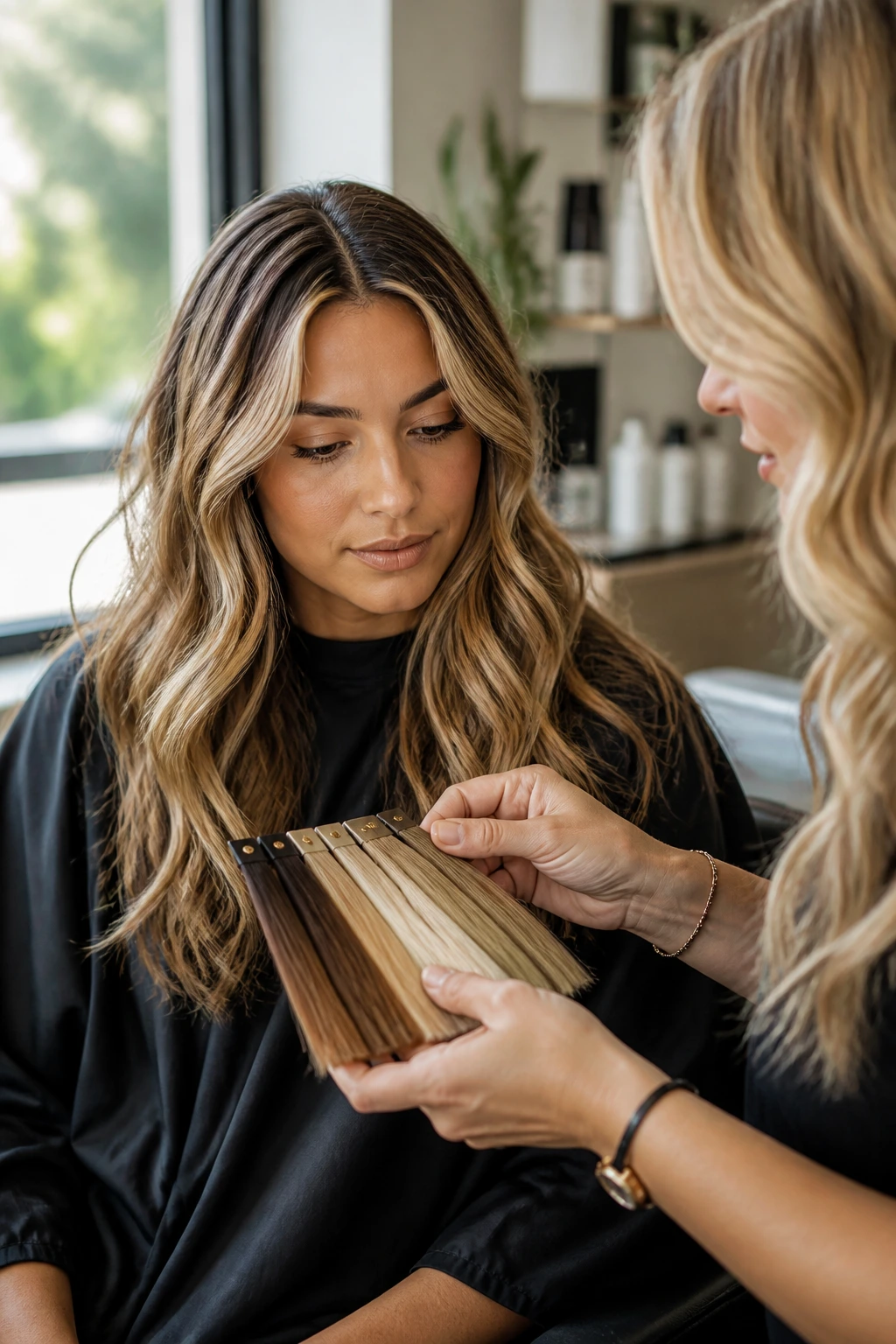 Portrait of a client and colorist during a hair color consultation with swatches