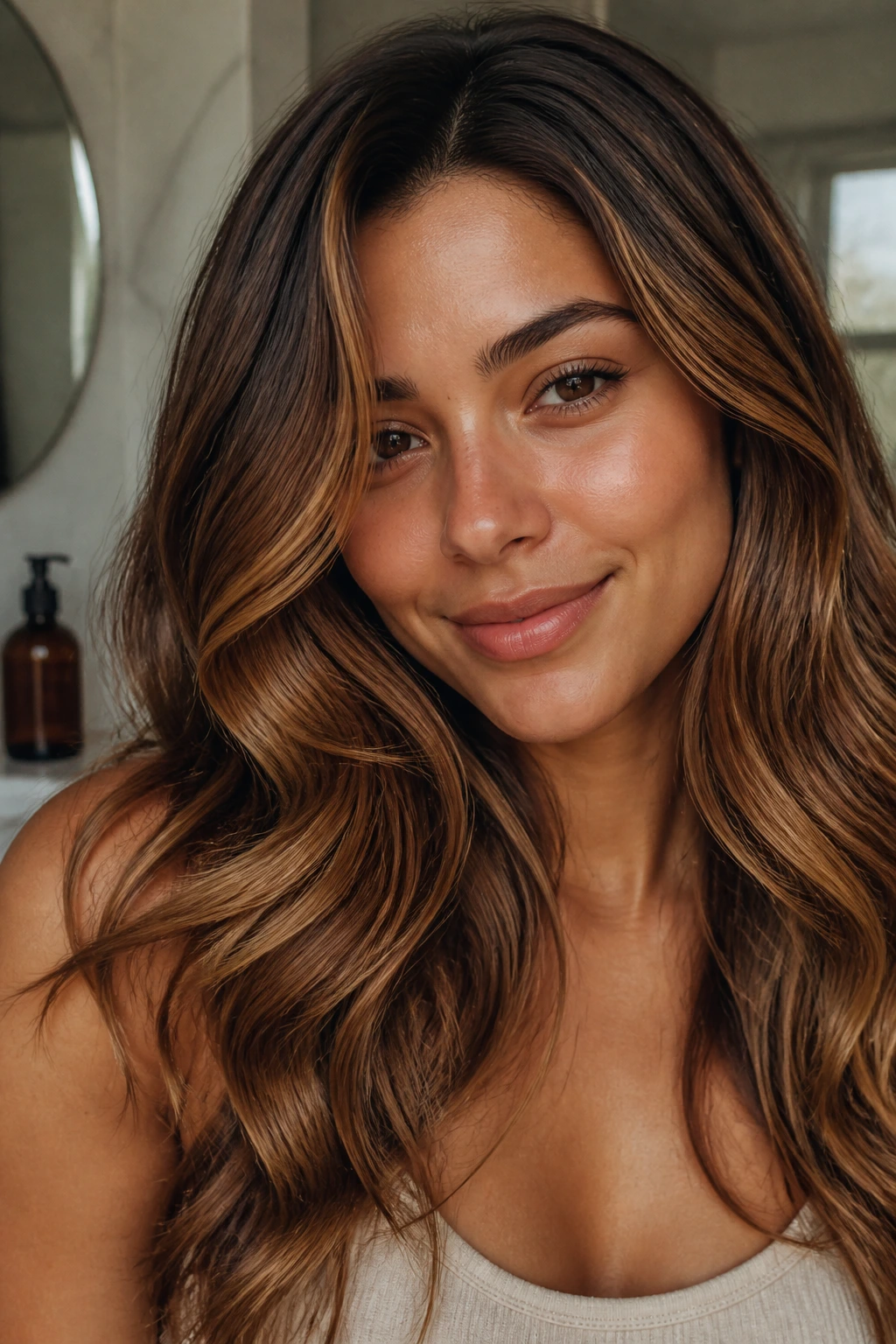 Close-up portrait showing warm-toned hair with golden reflections after color-depositing shampoo
