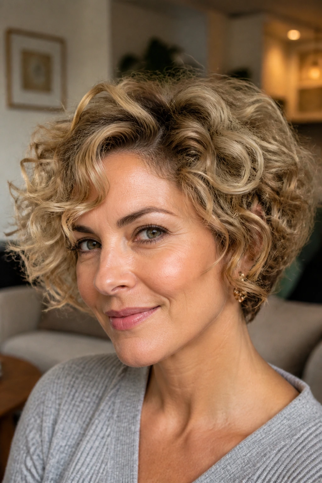 Close-up portrait of a real woman with short blonde curls and deep lowlights