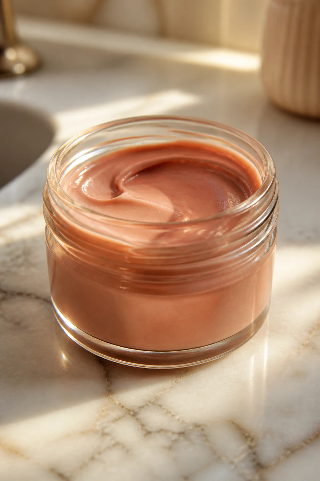 Close-up of a color glaze jar with no labels on a bathroom counter.