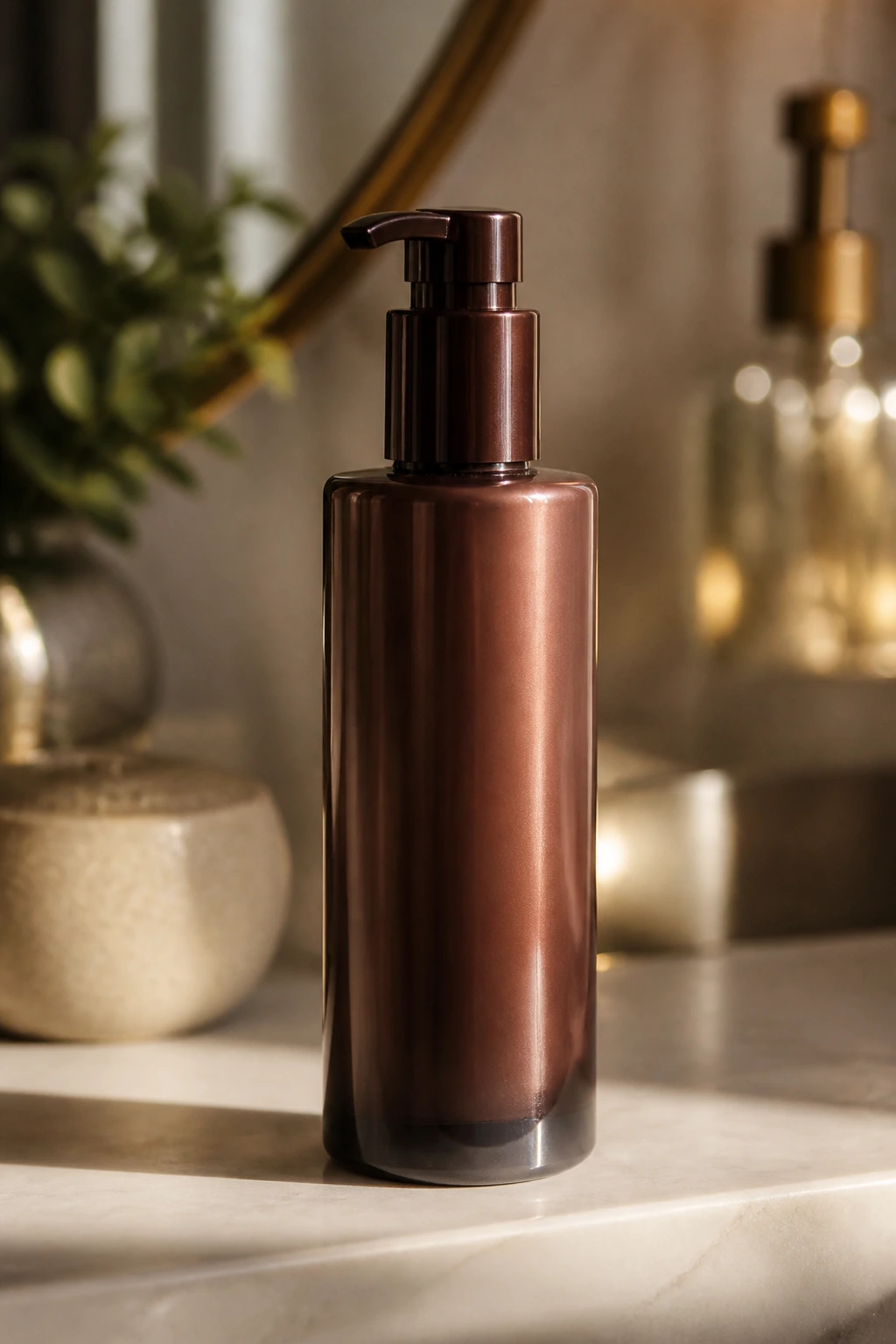 Color gloss bottle on a bathroom vanity with warm lighting