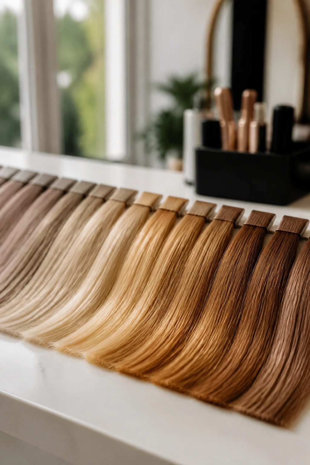 Close-up gradient hair color chips in beige to toffee tones