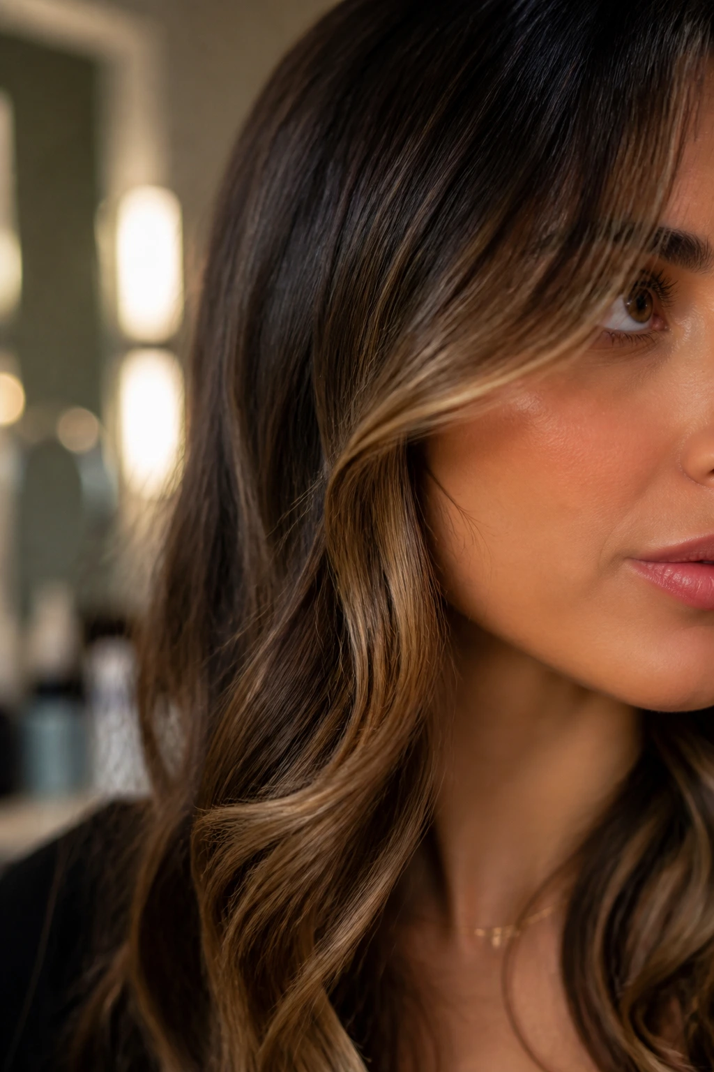 Close-up of a hair strand with a subtle lift near the cheekbone