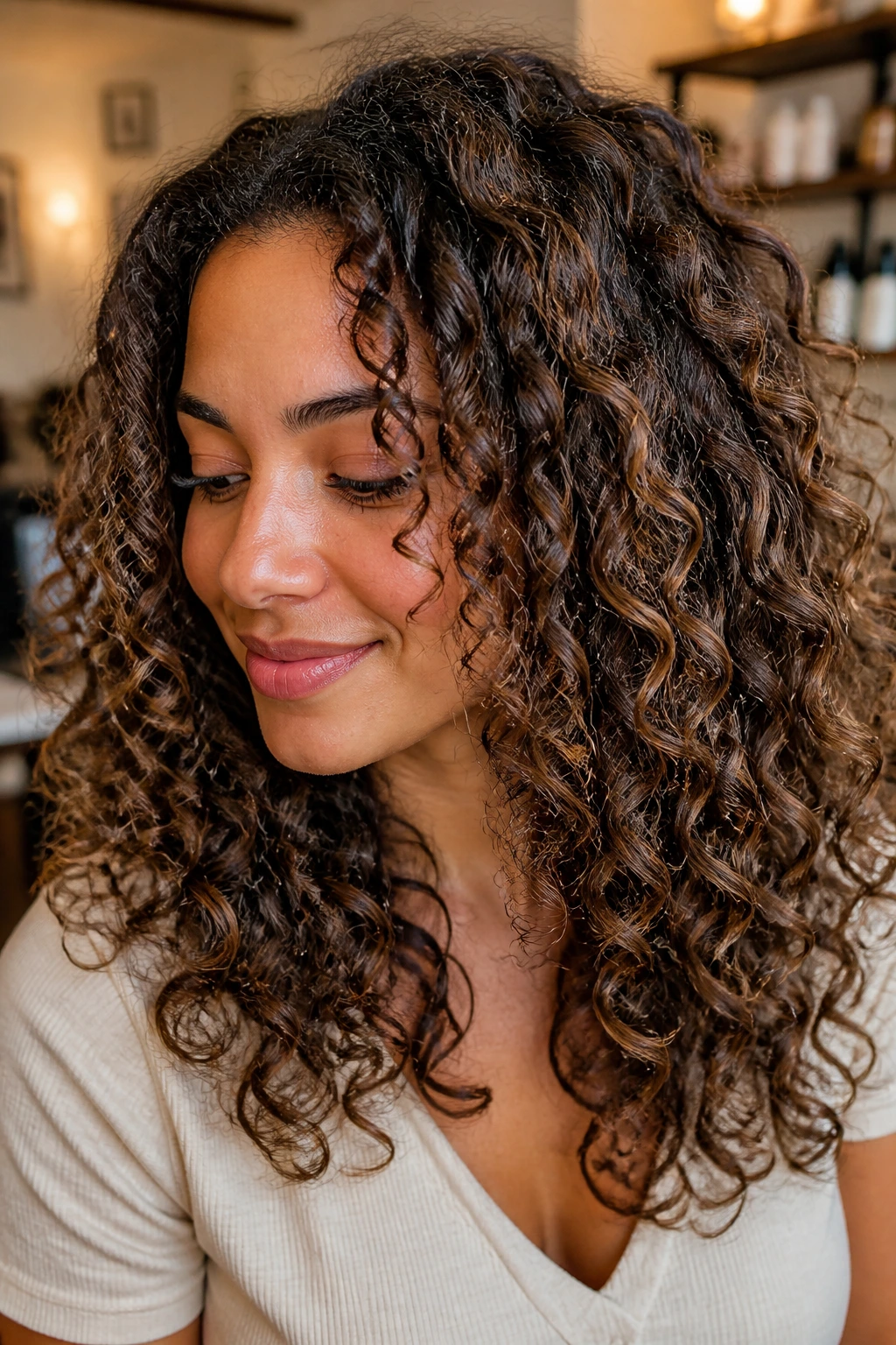 Close-up of curly hair with subtle lowlights and product shine