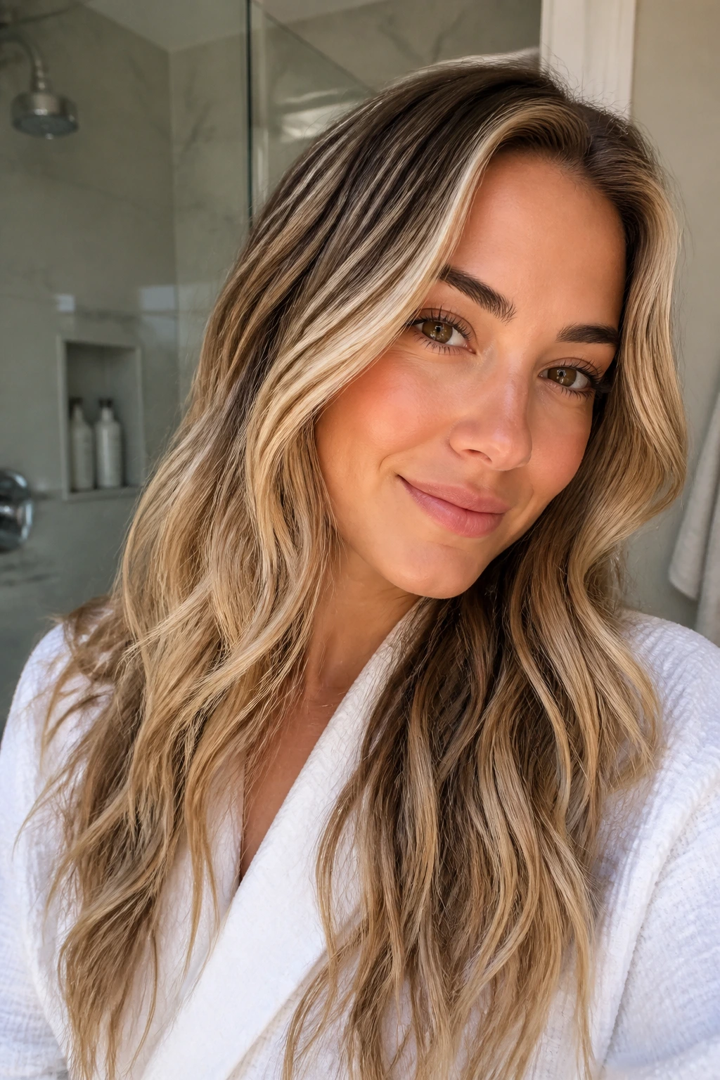 Real woman in bathroom with warm-toned blonde hair showing color maintenance